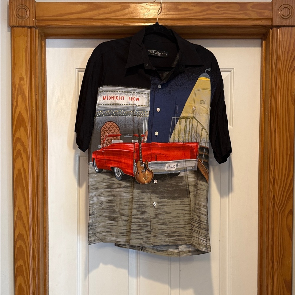 Tori Richard Black Short-Sleeve Shirt with Red Car Graphic